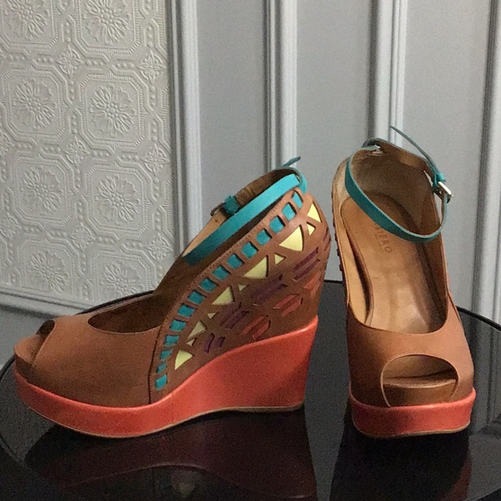 Women's Brown and Teal Wedge Sandals
